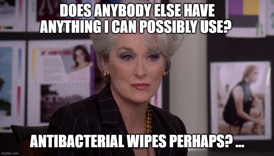 Antibacterial wipes perhaps? … | DOES ANYBODY ELSE HAVE ANYTHING I CAN POSSIBLY USE? ANTIBACTERIAL WIPES PERHAPS? … | image tagged in miranda priestly groundbreaking | made w/ Imgflip meme maker