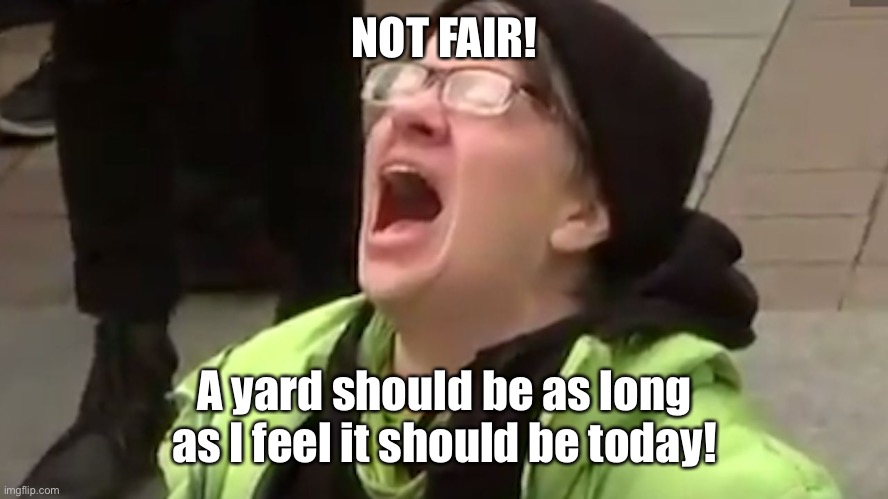 Screaming Liberal  | NOT FAIR! A yard should be as long as I feel it should be today! | image tagged in screaming liberal | made w/ Imgflip meme maker