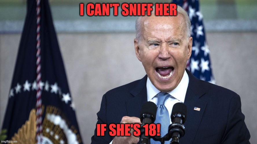 biden pissed | I CAN'T SNIFF HER IF SHE'S 18! | image tagged in biden pissed | made w/ Imgflip meme maker