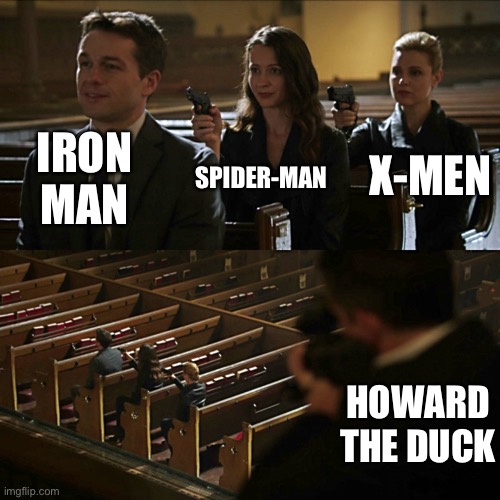 The true chain | IRON MAN; SPIDER-MAN; X-MEN; HOWARD THE DUCK | image tagged in assassination chain | made w/ Imgflip meme maker