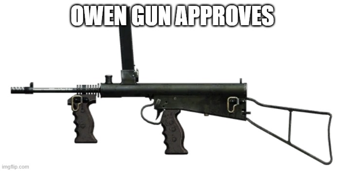 owen gun | OWEN GUN APPROVES | image tagged in own gun | made w/ Imgflip meme maker