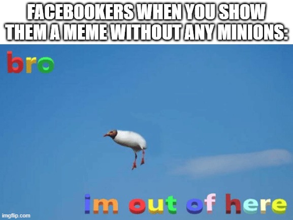 Facebook logic day 15 billion | FACEBOOKERS WHEN YOU SHOW THEM A MEME WITHOUT ANY MINIONS: | image tagged in memes,bro im out of here,facebook,minions,minion,why are you reading this | made w/ Imgflip meme maker