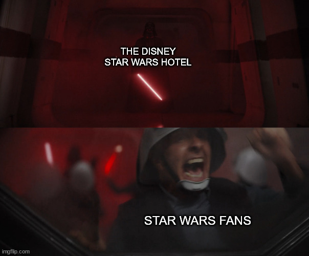 Darth Vader vs Rebel | THE DISNEY STAR WARS HOTEL; STAR WARS FANS | image tagged in darth vader vs rebel | made w/ Imgflip meme maker