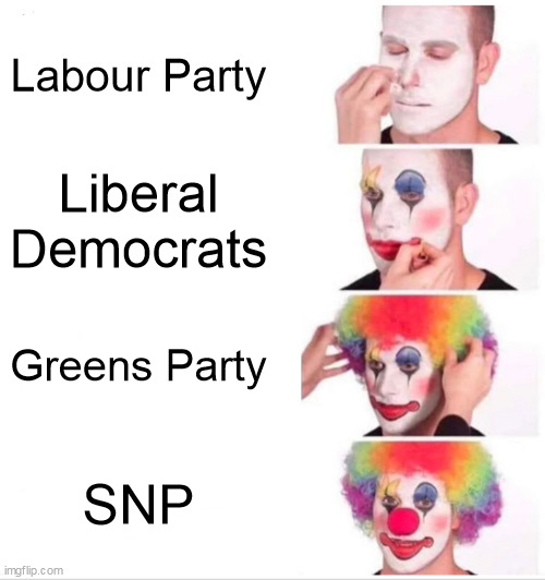 SJW Scale | Labour Party; Liberal Democrats; Greens Party; SNP | image tagged in memes,clown applying makeup,sjws,clown world,nwo,identity politics | made w/ Imgflip meme maker