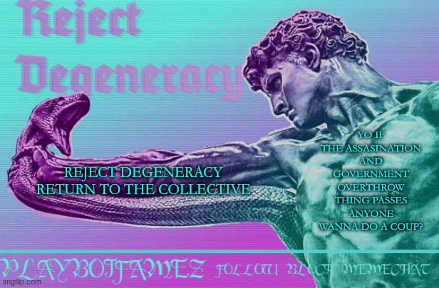 ??? | YO IF THE ASSASINATION AND GOVERNMENT OVERTHROW THING PASSES ANYONE WANNA DO A COUP? REJECT DEGENERACY RETURN TO THE COLLECTIVE | image tagged in reject degeneracy return to the collective | made w/ Imgflip meme maker