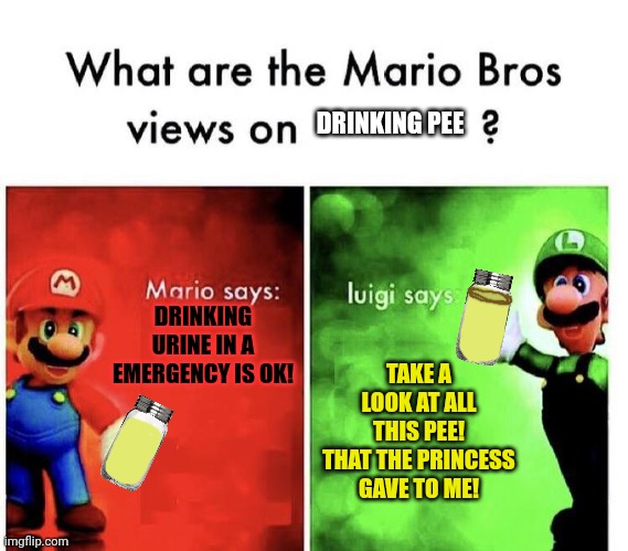 Better drink my own... | DRINKING URINE IN A EMERGENCY IS OK! TAKE A LOOK AT ALL THIS PEE!
THAT THE PRINCESS GAVE TO ME! DRINKING PEE | image tagged in mario bros views,better drink my own piss,pee,golden showers | made w/ Imgflip meme maker