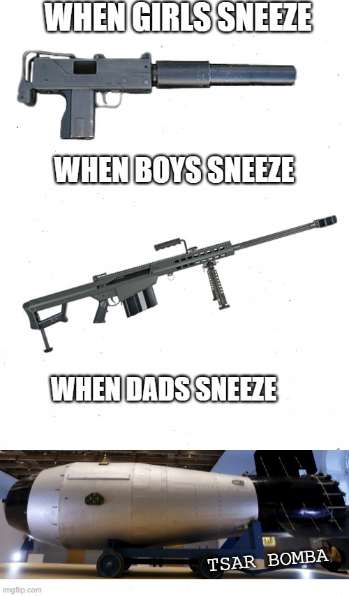 sneeze volume | WHEN GIRLS SNEEZE; WHEN BOYS SNEEZE; WHEN DADS SNEEZE; TSAR BOMBA | image tagged in sneeze,tsar bomba,king bomb,guns,nuke | made w/ Imgflip meme maker