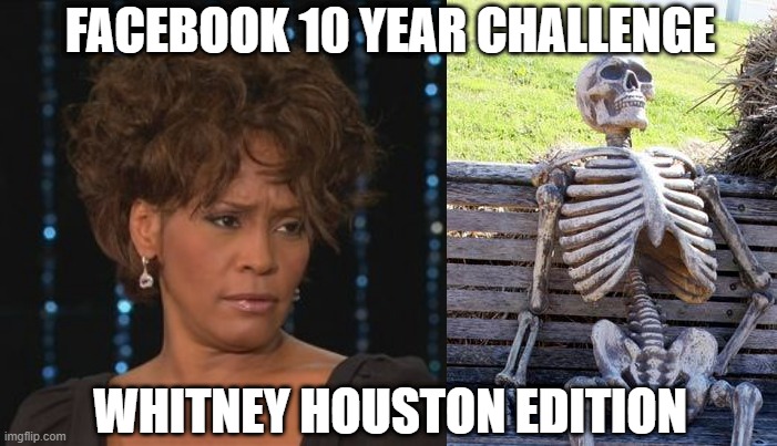 How Will I Know? | FACEBOOK 10 YEAR CHALLENGE; WHITNEY HOUSTON EDITION | image tagged in whitney houston,memes,waiting skeleton | made w/ Imgflip meme maker