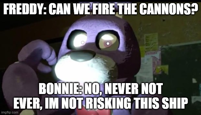 Pissed Off Bonnie FNAF | FREDDY: CAN WE FIRE THE CANNONS? BONNIE: NO, NEVER NOT EVER, IM NOT RISKING THIS SHIP | image tagged in pissed off bonnie fnaf | made w/ Imgflip meme maker