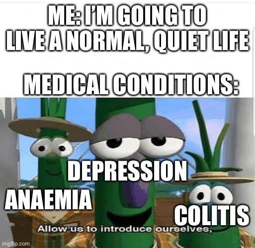 Allow us to introduce ourselves | ME: I’M GOING TO LIVE A NORMAL, QUIET LIFE; MEDICAL CONDITIONS:; DEPRESSION; ANAEMIA; COLITIS | image tagged in allow us to introduce ourselves | made w/ Imgflip meme maker