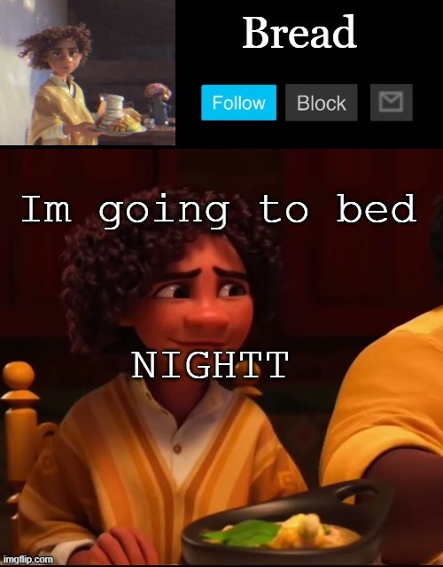 Bread Camilo temp ty yachi | Im going to bed; NIGHTT | image tagged in bread camilo temp ty yachi | made w/ Imgflip meme maker