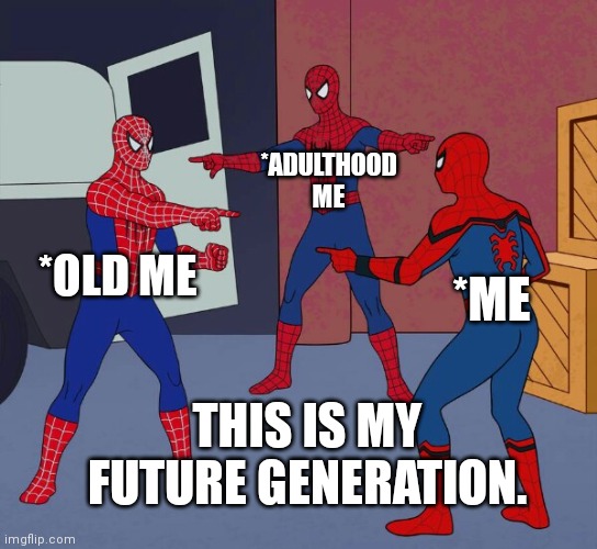 Spider Man Triple | *ADULTHOOD ME; *OLD ME; *ME; THIS IS MY FUTURE GENERATION. | image tagged in spider man triple | made w/ Imgflip meme maker