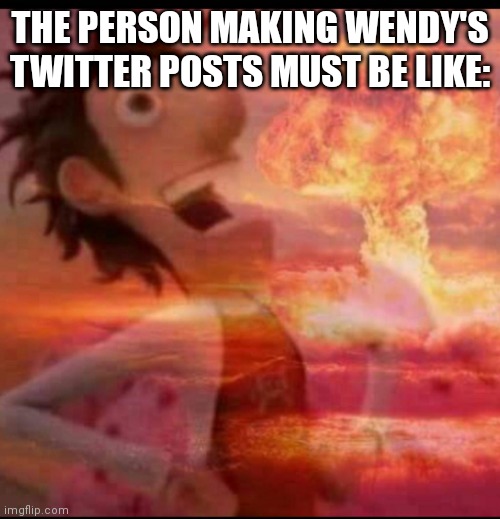 Image Title |  THE PERSON MAKING WENDY'S TWITTER POSTS MUST BE LIKE: | image tagged in mushroomcloudy | made w/ Imgflip meme maker