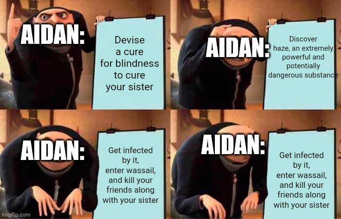 Gru's Plan | AIDAN:; Discover haze, an extremely powerful and potentially dangerous substance; Devise a cure for blindness to cure your sister; AIDAN:; AIDAN:; Get infected by it, enter wassail, and kill your friends along with your sister; AIDAN:; Get infected by it, enter wassail, and kill your friends along with your sister | image tagged in memes,gru's plan | made w/ Imgflip meme maker
