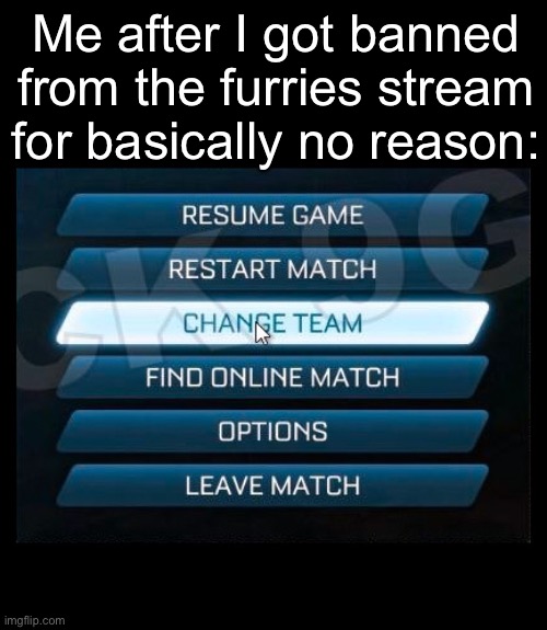 Yeah I’m a bit salty | Me after I got banned from the furries stream for basically no reason: | image tagged in change team | made w/ Imgflip meme maker