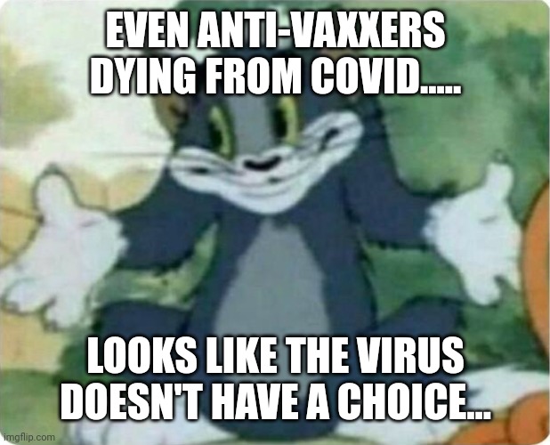 Bruh. | EVEN ANTI-VAXXERS DYING FROM COVID..... LOOKS LIKE THE VIRUS DOESN'T HAVE A CHOICE... | image tagged in tom shrugging,coronavirus,covid-19,anti-vaxx,omicron,memes | made w/ Imgflip meme maker