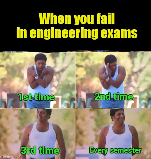 When you fail in exam 1st time, 2nd time, 3rd time, every time | When you fail in engineering exams; 1st time; 2nd time; Every semester; 3rd time | image tagged in exams,the engineer | made w/ Imgflip meme maker