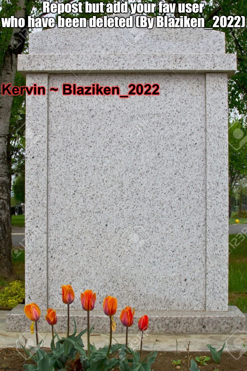 blank gravestone | Repost but add your fav user who have been deleted (By Blaziken_2022); Kervin ~ Blaziken_2022 | image tagged in blank gravestone | made w/ Imgflip meme maker