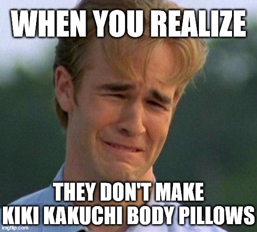 One of the many tragedies of our times... | WHEN YOU REALIZE; THEY DON'T MAKE KIKI KAKUCHI BODY PILLOWS | image tagged in 1990s first world problems,kiki kakuchi,body pillow,body pillows,waifu,waifus | made w/ Imgflip meme maker