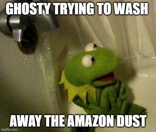 Kermit on Shower | GHOSTY TRYING TO WASH; AWAY THE AMAZON DUST | image tagged in kermit on shower | made w/ Imgflip meme maker