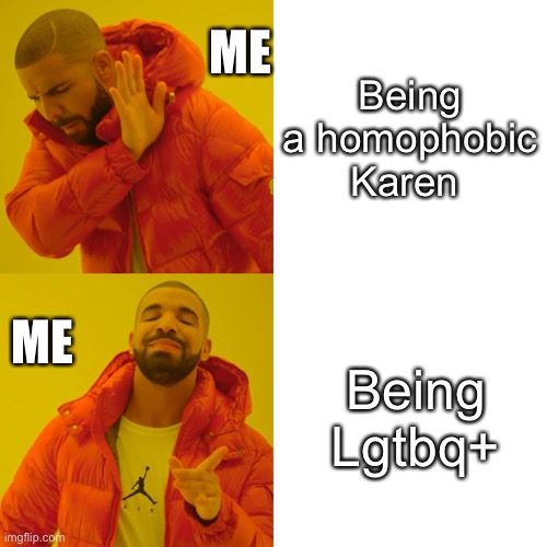 Lgtbq+ people be like: | ME; Being a homophobic Karen; Being Lgtbq+; ME | image tagged in memes,drake hotline bling | made w/ Imgflip meme maker