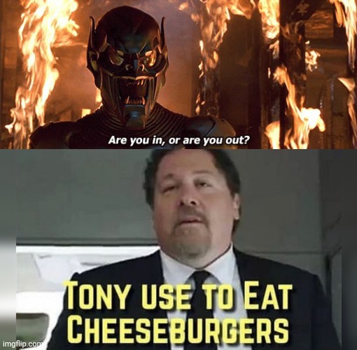 image tagged in spider-man green goblin are you in or are you out,memes,funny,marvel,tony use to eat cheeseburgers,iron man | made w/ Imgflip meme maker
