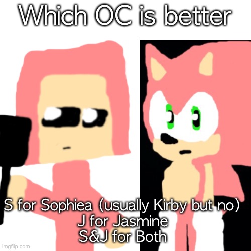 Which OC is better; S for Sophiea (usually Kirby but no)
J for Jasmine
S&J for Both | made w/ Imgflip meme maker