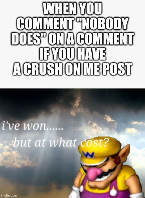 I've won but at what cost | WHEN YOU COMMENT "NOBODY DOES" ON A COMMENT IF YOU HAVE A CRUSH ON ME POST | image tagged in i've won but at what cost | made w/ Imgflip meme maker