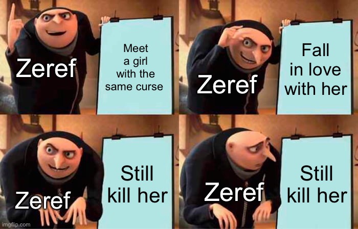 Gru's Plan Meme | Meet a girl with the same curse; Fall in love with her; Zeref; Zeref; Still kill her; Still kill her; Zeref; Zeref | image tagged in memes,gru's plan,fairy tail | made w/ Imgflip meme maker
