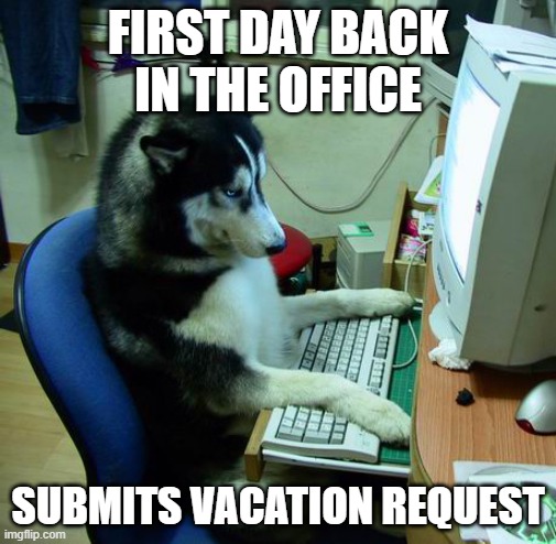 I Have No Idea What I Am Doing |  FIRST DAY BACK IN THE OFFICE; SUBMITS VACATION REQUEST | image tagged in memes,i have no idea what i am doing | made w/ Imgflip meme maker