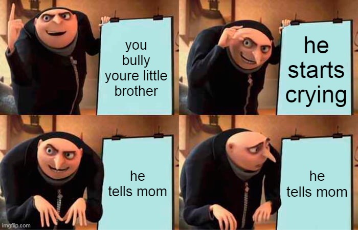 Gru's Plan Meme | you bully youre little brother; he starts crying; he tells mom; he tells mom | image tagged in memes,gru's plan | made w/ Imgflip meme maker