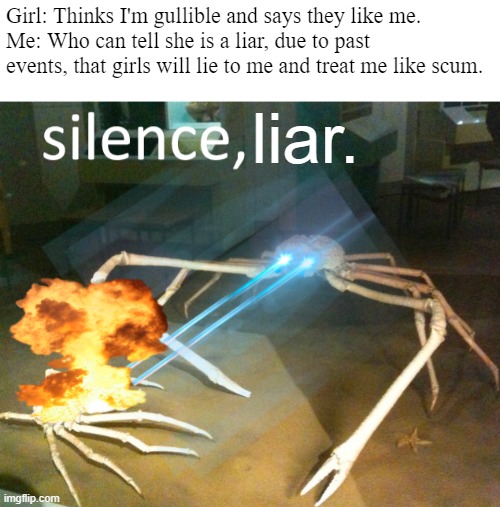 Silence Crab | Girl: Thinks I'm gullible and says they like me.
Me: Who can tell she is a liar, due to past events, that girls will lie to me and treat me like scum. liar. | image tagged in silence crab | made w/ Imgflip meme maker