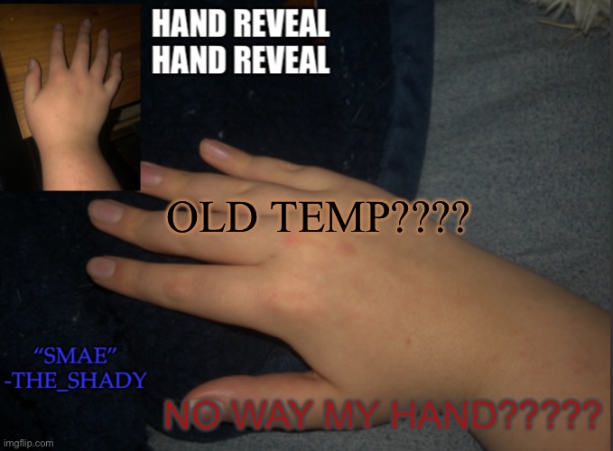 The_shady hand temp | OLD TEMP???? NO WAY MY HAND????? | image tagged in the_shady hand temp | made w/ Imgflip meme maker