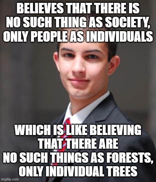 When You Fail To See The Forest For The Trees | BELIEVES THAT THERE IS NO SUCH THING AS SOCIETY, ONLY PEOPLE AS INDIVIDUALS; WHICH IS LIKE BELIEVING
THAT THERE ARE NO SUCH THINGS AS FORESTS,
ONLY INDIVIDUAL TREES | image tagged in college conservative,we live in a society,conservative logic,narcissism,stupidity,dumb ass | made w/ Imgflip meme maker