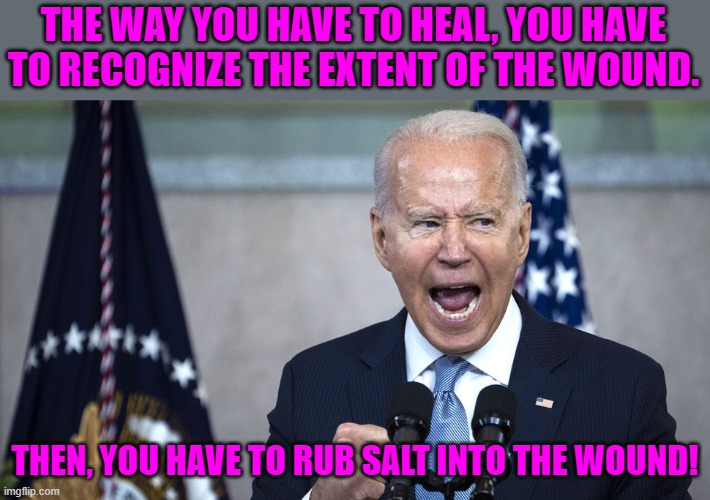 The great unifier and healer! | THE WAY YOU HAVE TO HEAL, YOU HAVE TO RECOGNIZE THE EXTENT OF THE WOUND. THEN, YOU HAVE TO RUB SALT INTO THE WOUND! | image tagged in biden pissed,january 6th,douchebag,fjb,lgb | made w/ Imgflip meme maker
