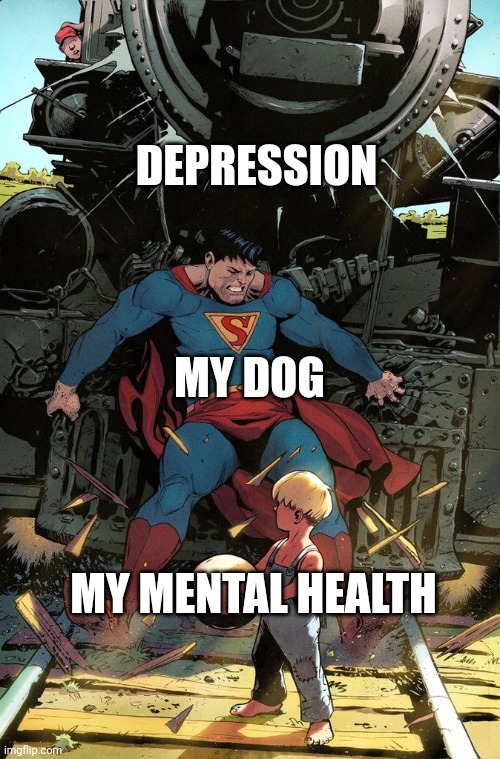 Superman Stops Train | DEPRESSION; MY DOG; MY MENTAL HEALTH | image tagged in superman stops train | made w/ Imgflip meme maker