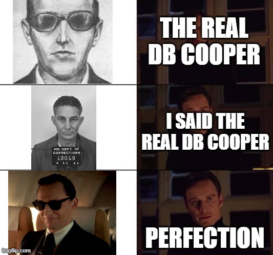 DB Cooper | THE REAL DB COOPER; I SAID THE REAL DB COOPER; PERFECTION | image tagged in funny,loki,conspiracy theory | made w/ Imgflip meme maker