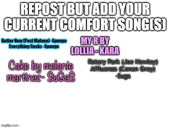 Rotary Park (Joe Hawley)
Affluenza (Conan Gray)
-Suga | made w/ Imgflip meme maker