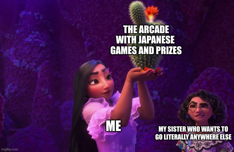 we're going today B) | THE ARCADE WITH JAPANESE  GAMES AND PRIZES; ME; MY SISTER WHO WANTS TO GO LITERALLY ANYWHERE ELSE | image tagged in mirabel and isabella | made w/ Imgflip meme maker