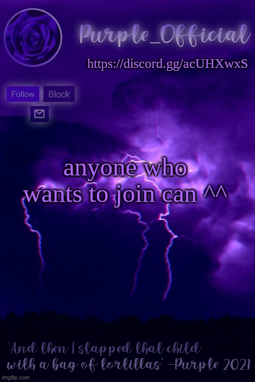 Purple's Announcement 2 | https://discord.gg/acUHXwxS; anyone who wants to join can ^^ | image tagged in purple's announcement 2 | made w/ Imgflip meme maker