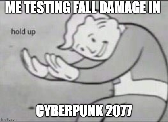 Fallout Hold Up | ME TESTING FALL DAMAGE IN; CYBERPUNK 2077 | image tagged in fallout hold up | made w/ Imgflip meme maker