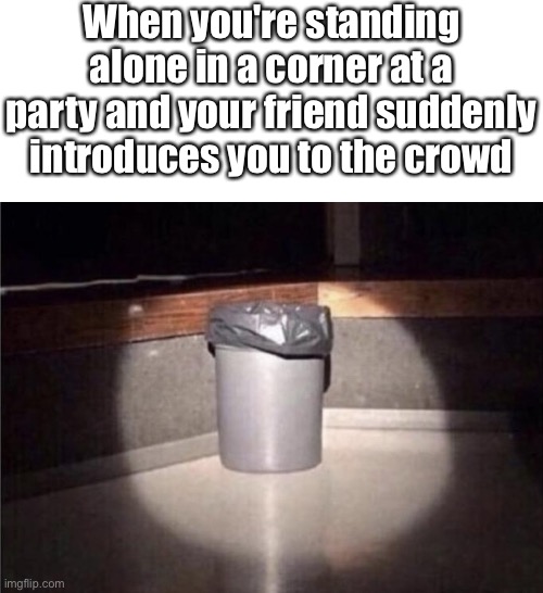 When you're standing alone in a corner at a party and your friend suddenly introduces you to the crowd | image tagged in memes,blank transparent square,spotlight trash can,funny,trash can,hentai | made w/ Imgflip meme maker
