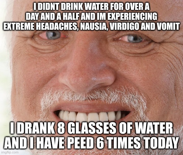 promise me you will drink water. PLS |  I DIDNT DRINK WATER FOR OVER A DAY AND A HALF AND IM EXPERIENCING EXTREME HEADACHES, NAUSIA, VIRDIGO AND VOMIT; I DRANK 8 GLASSES OF WATER AND I HAVE PEED 6 TIMES TODAY | image tagged in hide the pain harold | made w/ Imgflip meme maker