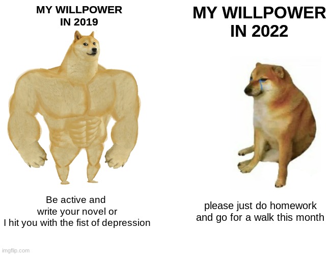 Willpower | MY WILLPOWER
IN 2019; MY WILLPOWER
IN 2022; Be active and 
write your novel or
I hit you with the fist of depression; please just do homework and go for a walk this month | image tagged in memes,buff doge vs cheems | made w/ Imgflip meme maker