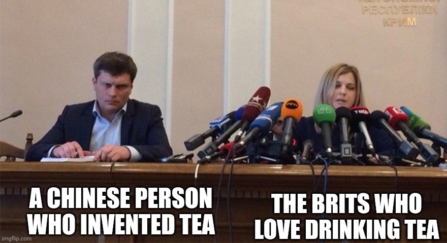 fun fact: tea wa invented when leaves fell in boiled water |  A CHINESE PERSON WHO INVENTED TEA; THE BRITS WHO LOVE DRINKING TEA | image tagged in man and woman microphone | made w/ Imgflip meme maker