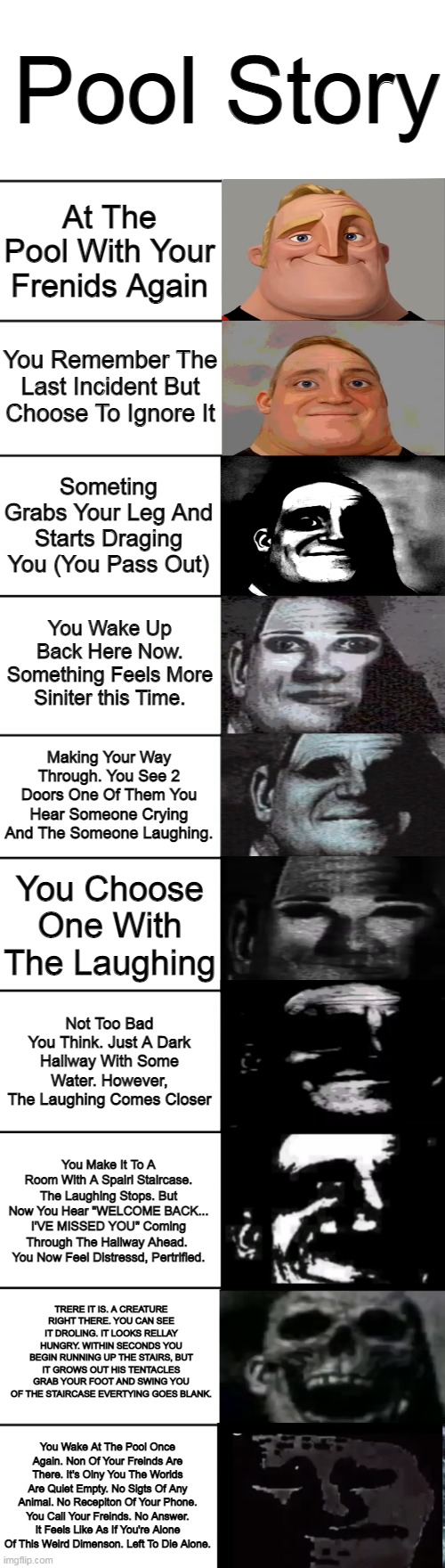 Mr. Incredible becoming uncanny | Pool Story; At The Pool With Your Frenids Again; You Remember The Last Incident But Choose To Ignore It; Someting Grabs Your Leg And Starts Draging You (You Pass Out); You Wake Up Back Here Now. Something Feels More Siniter this Time. Making Your Way Through. You See 2 Doors One Of Them You Hear Someone Crying And The Someone Laughing. You Choose One With The Laughing; Not Too Bad You Think. Just A Dark Hallway With Some Water. However, The Laughing Comes Closer; You Make It To A Room With A Spairl Staircase. The Laughing Stops. But Now You Hear "WELCOME BACK... I'VE MISSED YOU" Coming Through The Hallway Ahead.  You Now Feel Distressd, Pertrified. TRERE IT IS. A CREATURE RIGHT THERE. YOU CAN SEE IT DROLING. IT LOOKS RELLAY HUNGRY. WITHIN SECONDS YOU BEGIN RUNNING UP THE STAIRS, BUT IT GROWS OUT HIS TENTACLES GRAB YOUR FOOT AND SWING YOU OF THE STAIRCASE EVERTYING GOES BLANK. You Wake At The Pool Once Again. Non Of Your Freinds Are There. It's Olny You The Worlds Are Quiet Empty. No Sigts Of Any Animal. No Recepiton Of Your Phone. You Call Your Freinds. No Answer. It Feels Like As If You're Alone Of This Weird Dimenson. Left To Die Alone. | image tagged in the most interesting man in the world,traumatized mr incredible,mr incredible becoming uncanny | made w/ Imgflip meme maker