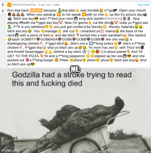 this man commented on my image and i responded with "I don't understand emoji" | ME: | image tagged in godzilla tried to read this,memes,mean,idk,oh wow are you actually reading these tags | made w/ Imgflip meme maker
