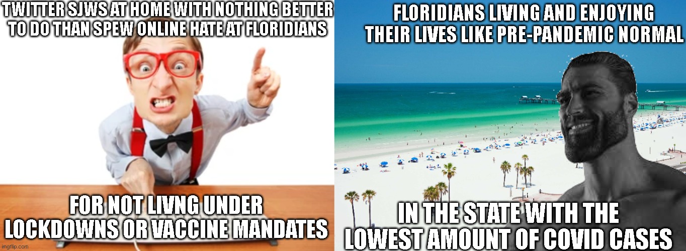 I think they are just jealous that Florida gets to live normal life again | TWITTER SJWS AT HOME WITH NOTHING BETTER TO DO THAN SPEW ONLINE HATE AT FLORIDIANS; FLORIDIANS LIVING AND ENJOYING THEIR LIVES LIKE PRE-PANDEMIC NORMAL; IN THE STATE WITH THE LOWEST AMOUNT OF COVID CASES; FOR NOT LIVNG UNDER LOCKDOWNS OR VACCINE MANDATES | image tagged in angry sjw,lockdown,florida,freedom,giga chad | made w/ Imgflip meme maker