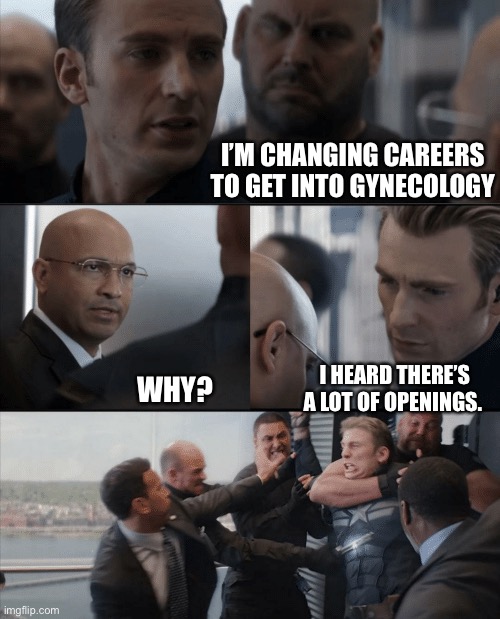 Captain America Gynecologist | I’M CHANGING CAREERS TO GET INTO GYNECOLOGY; I HEARD THERE’S A LOT OF OPENINGS. WHY? | image tagged in captain america elevator fight | made w/ Imgflip meme maker