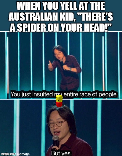 Australia = spiderland |  WHEN YOU YELL AT THE AUSTRALIAN KID, "THERE'S A SPIDER ON YOUR HEAD!" | image tagged in you just insulted my entire race of people,australia,spider,fear,memes,dank memes | made w/ Imgflip meme maker